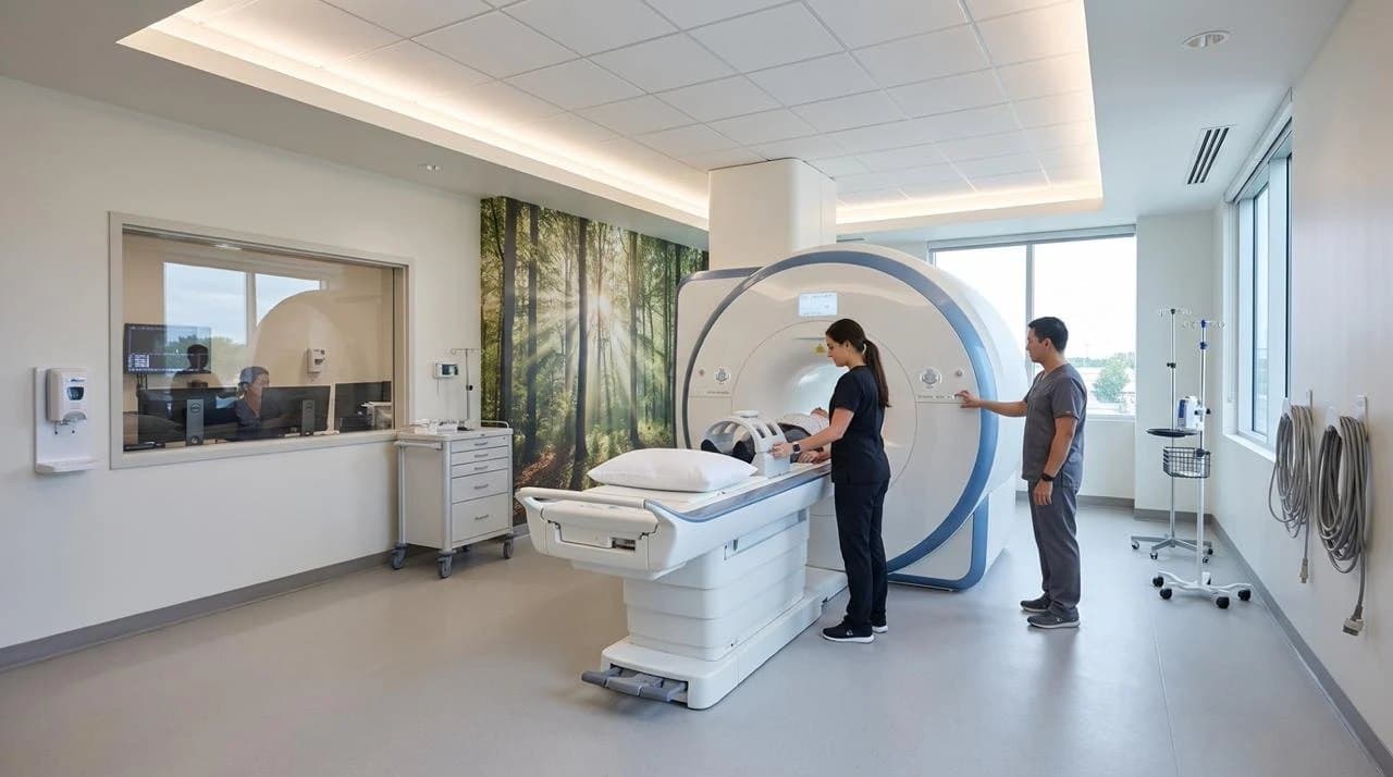Modern MRI suite with technologists preparing a scan