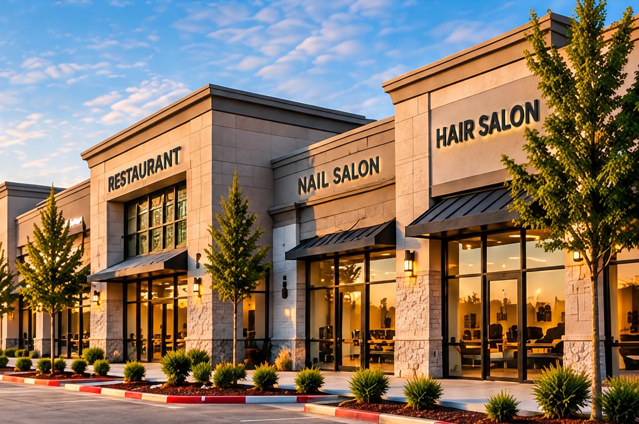 Retail center with restaurant, nail salon and hair salon tenants at sunset