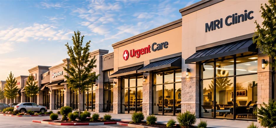 Sunlit retail center with Urgent Care and MRI Clinic tenants
